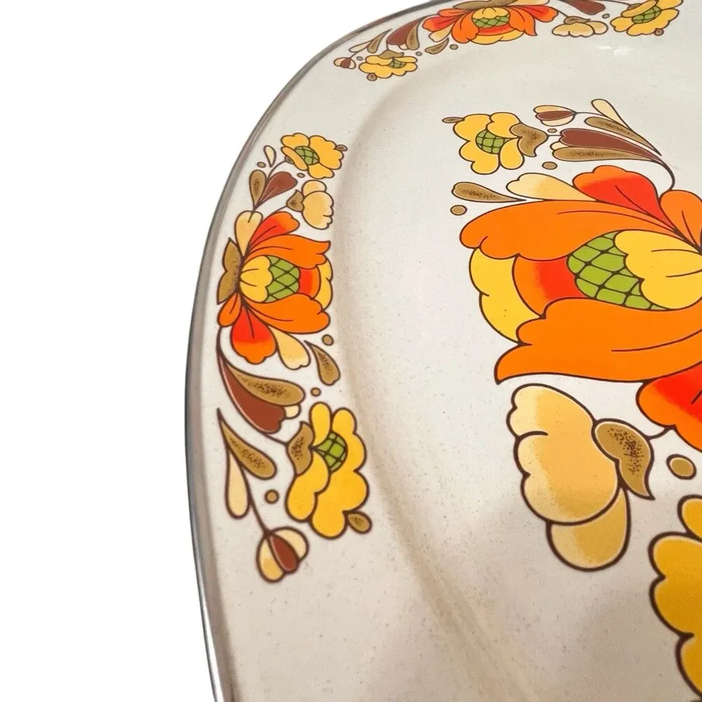 MCM Vintage 1970s Sanko Ware Porcelain Enameled Steel Country Flowers Platter